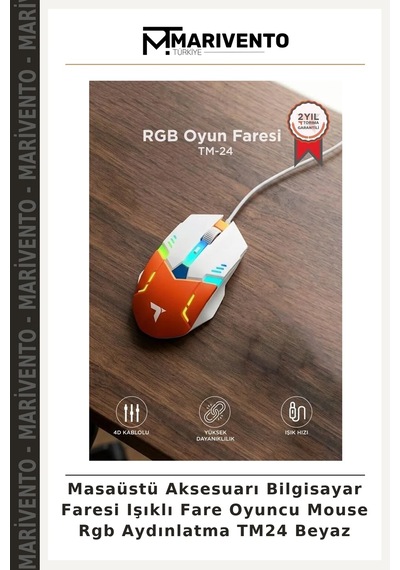 Masaüstü Aksesuarı Bilgisayar Faresi Işıklı Fare Oyuncu Mouse Rgb Aydınlatma Tm24 Beyaz