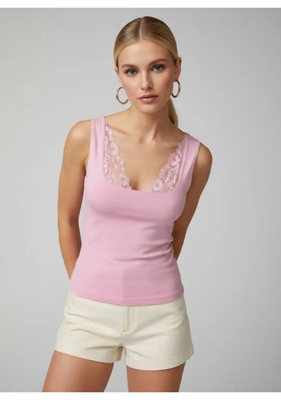 Park Karon 26004 Kadın Dantel Detaylı Kare Yaka Modal Örme Bluz Pembe