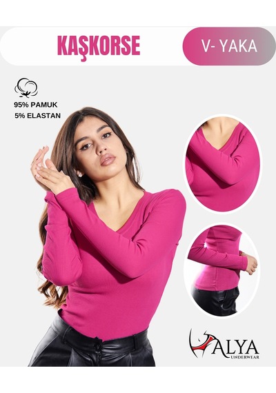 Alya Underwear Pamuklu Kaşkorse V Yaka Body Sweatshirt, Fitilli Kumaş Likralı Bluz, Asker Yeşili Badi Fuşya Melanj