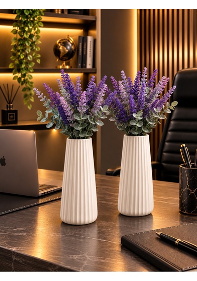 2'li Modern Dekorasyon İçin Şık Beyaz Çizgili Seramik Çiçek Vazo 19cm - Minimal Ve Zarif Vazo Modeli