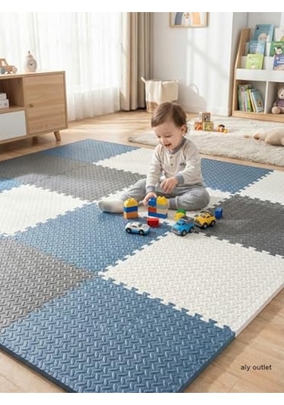6 Parça 50x50 Puzzle Mat - 100x150 CM Kurulumlu Oyun Spor Matı Puzzle Halı Tatami 13M Beyaz - Lacivert - Siyah