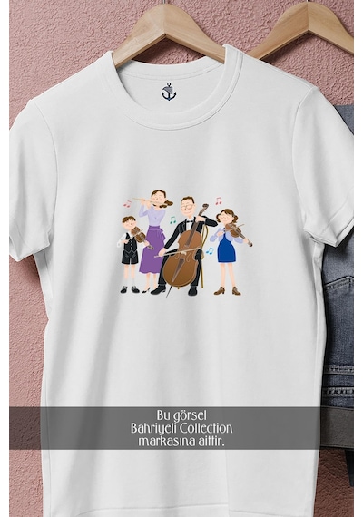 Oversize Aile Keman Tasarımlı Unisex T-shirt Beyaz