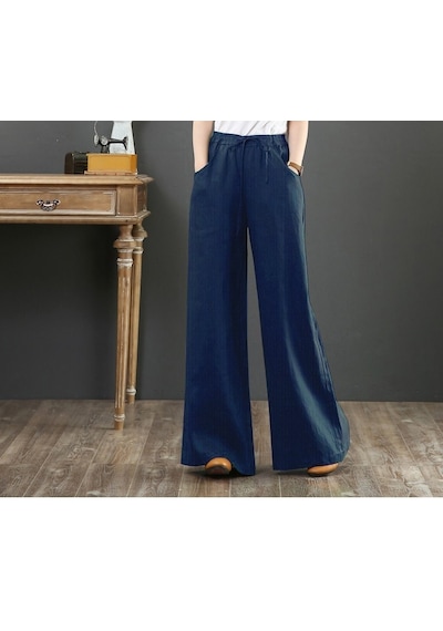 Barbora Keten Günlük Pantolon Beli Lastikli Bağcıklı Ln12lacivert 001