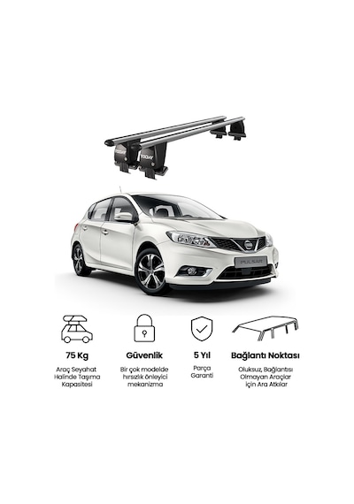 Royal Nissan Pulsar 2014 Ve Sonrası Uyumlu Gri Kilitli Ara Atkı Port Bagaj Tavan Barı