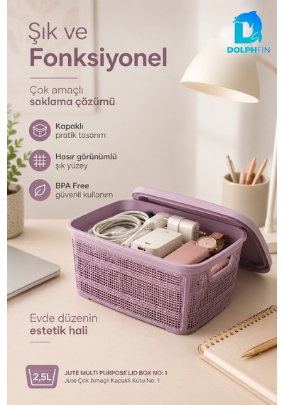 Jute Kapaklı Saklama Kutusu 2,5 L Plastik Mutfak Kiler Dolap İçi Organizer Mor