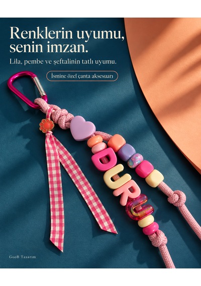 Goob Tasarım Kişiye Özel Isimli Çanta Aksesuarı Pastel Renkli Kalp Ve Kurdele Detaylı Charm Çok Renkli