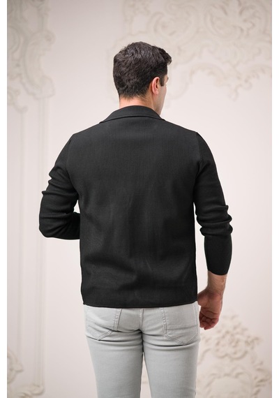 Regular Fit Sivri Yaka Torba Cepli Kendinden Çizgili Düğmeli Erkek Triko Hırka 001