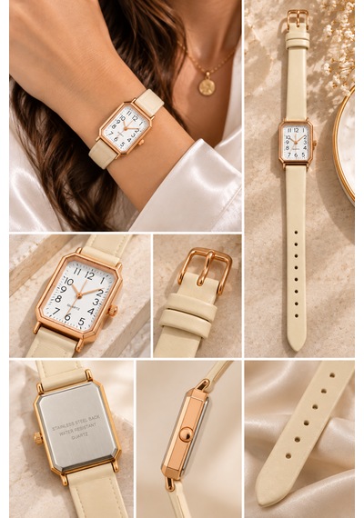 Kadın Kol Saati Rose Gold Kasa, Deri Kordon Krem