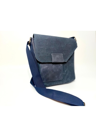 Natderi Hakiki Deri Ve Kanvas Omuz Çantası 20x21 Cm Ayarlanabilir Askılı, Ön Cepli Unisex Günlük Çanta Lacivert