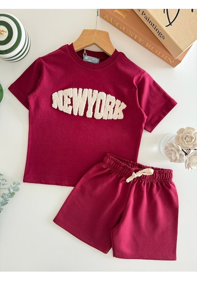 Magu Çocuk Pamuklu Bordo New York Yazı Aplikeli T-shirt Şort Takım