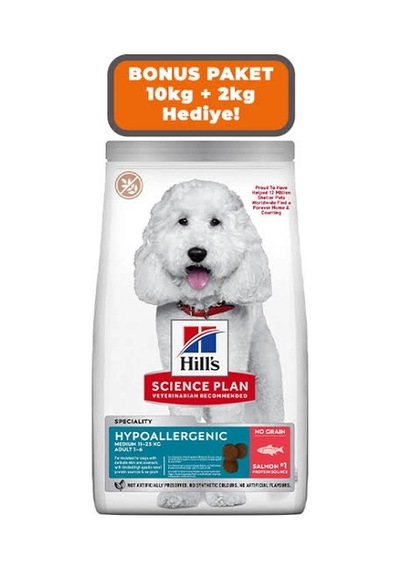 Hill's Scıence Plan Hipoalerjenik Yetişkin Orta Irk Somonlu Köpek Maması 10 Kg + 2 Kg
