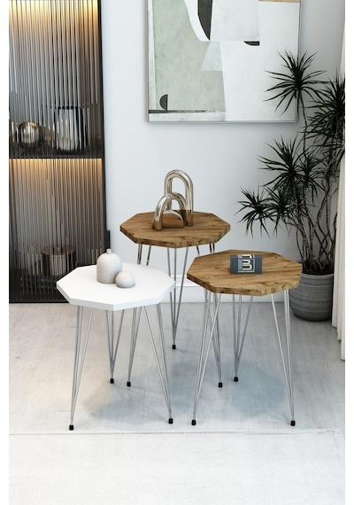 3'lü Sekizgen Zigon Sehpa Seti - Gümüş Metal Ayaklı, Modern & Şık Yan Sehpa, Dayanıklı Salon Ofis Beyaz Atlantik Çam