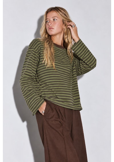 Hiccup Bıpantolon Kadın Oversize Çizgili Bisiklet Yaka Sweatshirt Yeşil