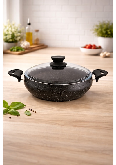 Granit Pro 24 Cm Basık Granit Güveç Tencere Siyah Bakalit Saplı Cam Kapaklı Yapışmaz