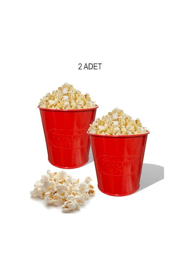 Toptanfoni Kırmızı Metal Popcorn Kutusu - Patlamış Mısır Kovası Kendinden Kabartma Desenli 2 Adet Kirmizi