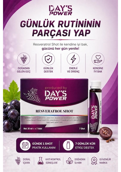 Day S Power Resveratrol Shot 7 Adet - Üzüm Çekirdeği Ekstresi & Kuersetin Destekli