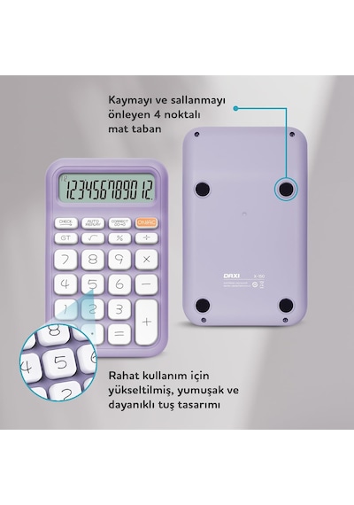 X-150 12 Haneli Küçük Boy Hesap Makinesi Lila Çok Renkli