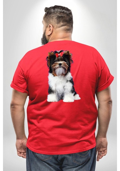 Angemiel Biewer Yorshire Terrier Büyük Beden Kırmızı Tişört Kadın Erkek Ünisex Sırt Baskılı Kırmızı