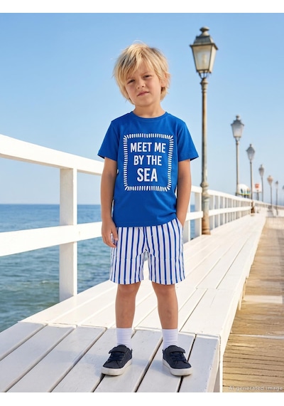 Civil Boys Meet My By The Sea Baskılı 2'li 3-9 Yaş Takım - Mavi Saks Mavisi