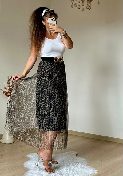 Azra Butik Açık Leopar Tül Etek Siyah