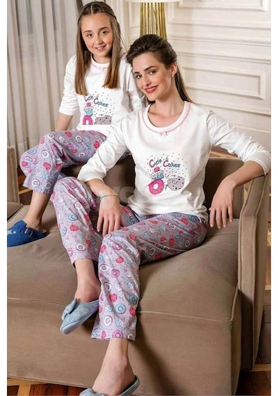 Yeni Inci Kız Çoc.Bisiklet Yaka U.Kol Pijama Takm (274) (5-6 Yaş) 5-6 Yaş-110-Ekru Çok Renkli