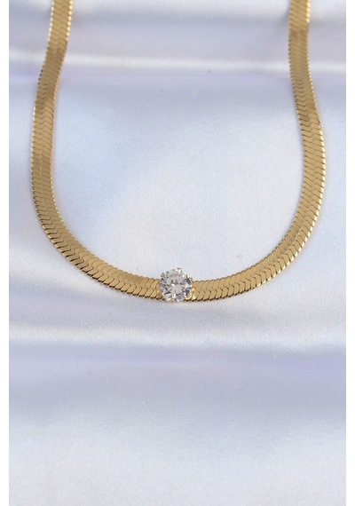 Ezoconcept 316l Çelik Gold Renk Tek Zirkon Taşlı İtalyan Zincir Kolye