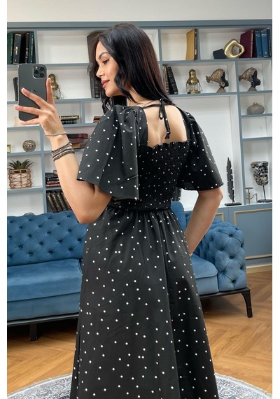 Madmext Siyah Desenli Belden Lastikli Midi Elbise - Mg2101 Siyah