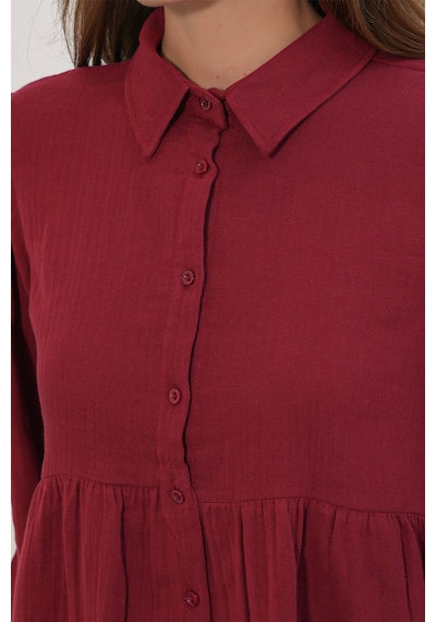 Bigdart Kadın Dokulu Oversize Keten Gömlek 20381 - Bordo