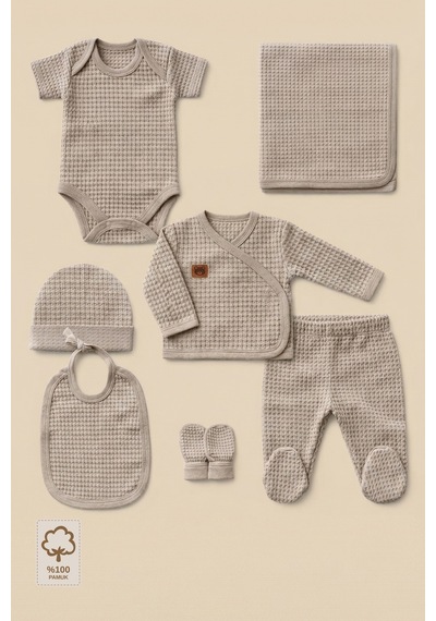 Minory Baby - %100 Pamuk 7'li Hastane Çıkışı Seti Yenidoğan 7'li Set Waffle Kumaş Kahverengi Kahverengi
