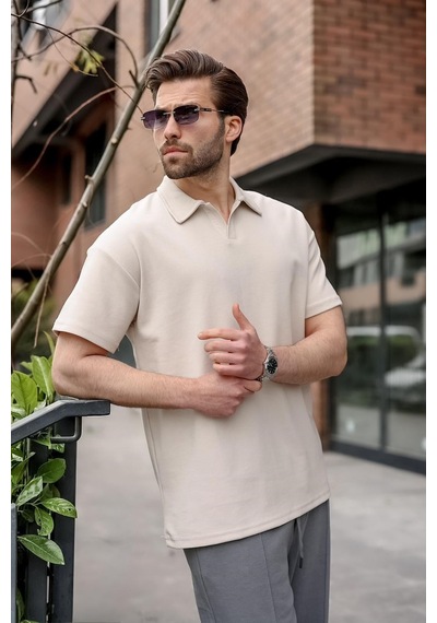 Madmext Taş Rengi Polo Yaka Oversize Erkek Tişört E7185