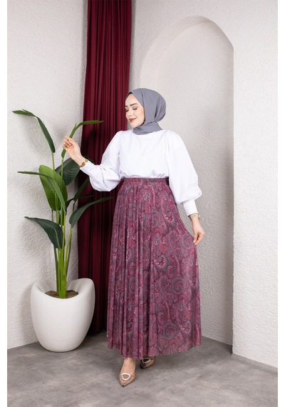 Hira Life Fashion Asimetrik Kesim Etnik Desen Astarlı Tül Tesettür Etek Bordo Bordo