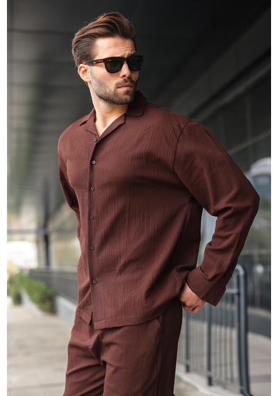 Madmext Kahverengi Düğmeli Basic Erkek Gömlek Pantolon Takım E7335 Kahverengi