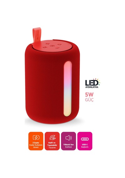 Polosmart Fs110 Işıklı Taşınabilir Kablosuz Bluetooth Speaker Hoparlör 1200 Mah Kırmızı