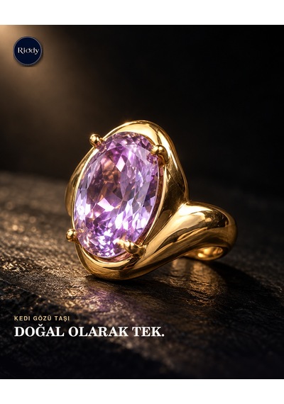 Riody Aube Violette Gold Kaplama Doğal Lila Kedi Gözü Taşlı Açık Form Kadın Yüzük Altın Sarısı