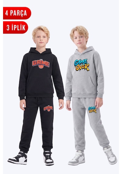 Fyk Kids 3 İplik Baskılı Kışlık Kanguru Cepli Kapüşonlu Erkek Çocuk 2'li Eşofman Takımı 4 Parça Siyah-gri