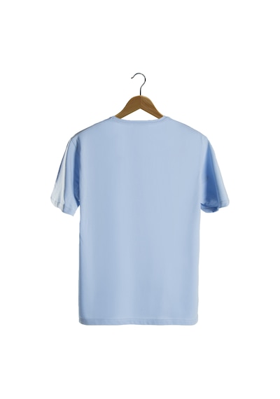 Unisex Açık Mavi Bisiklet Yaka Önü Cadılar Bayramı Baskılı Oversize T-shirt Açıkmavi