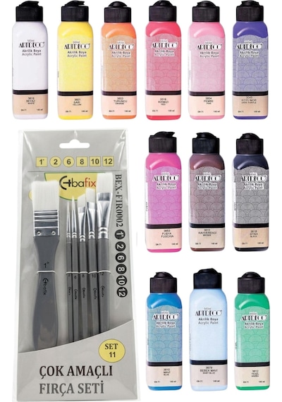 12 Adet 140 Ml Akrilik Boya 6'lı Fırça Seti Zemin Fırçalı Artdeco Çok Renkli