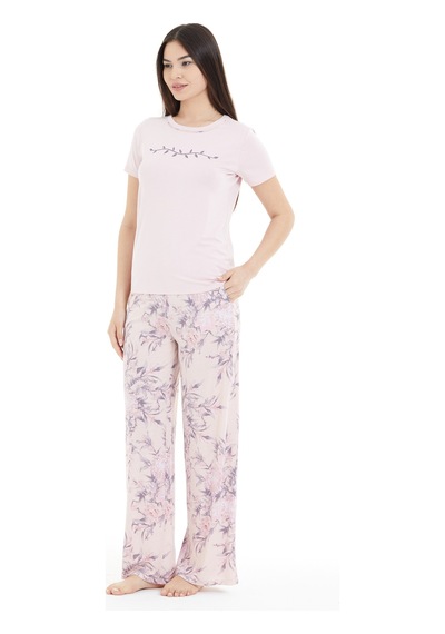 Lılac Kadın Çiçek Desenli %100 Viscon Pijama Takımı Pudra Pembe Pudra Pembe