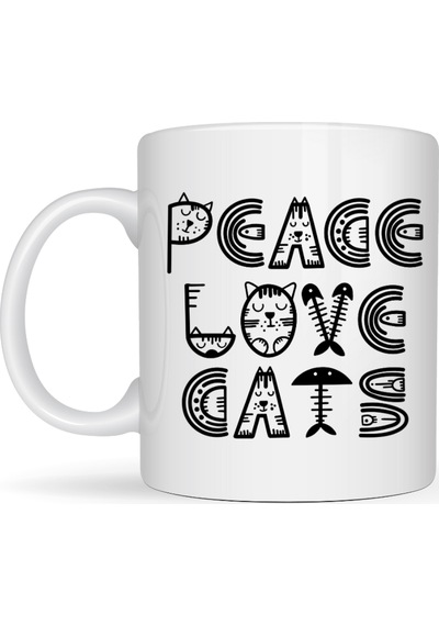 Peace Love Cats Sevimli Kedi Desenli Porselen Kupa Model 60 Kahve & Çay Kupası Diğer