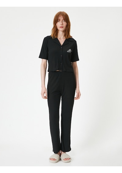 Koton Düğmeli Pijama Takımı Kısa Kollu Nakışlı Siyah 4slk40143mk Siyah