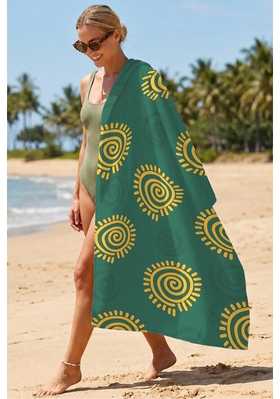 Güneş Figürlü Yeşil Sarı Plaj Havlusu - Bohem Tropikal Spiral Motifli Hızlı Kuruyan Mikrofiber Havlu Donuk Tozu