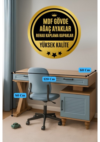 Mavi Çalışma Masası Su Yeşili Renk Mdf Gürgen Ağacı Ayaklı Diğer