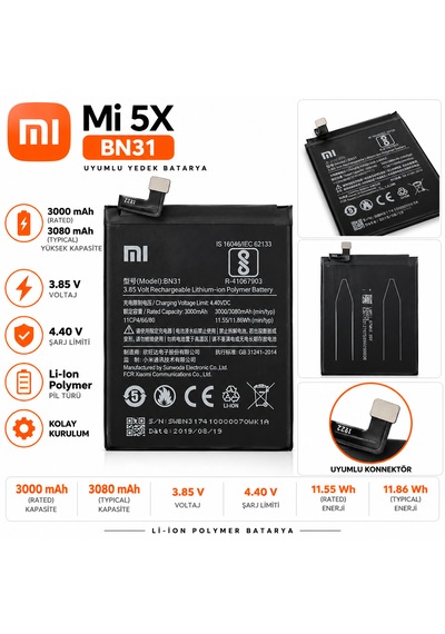 Xiaomi Mi 5x Uyumlu Bn31 3080 Mah Li-ıon Polymer Batarya