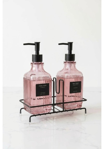 Makri Home Modern Çizgili Desenli Cam Ikili Sıvı Sabunluk & Deterjanlık Seti, Pembe- 500 Ml Cam Sabunluk