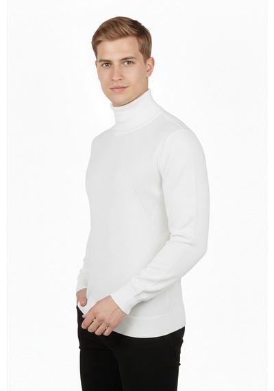 Deepsea Erkek Beyaz Tam Balıkçı Yaka Yanları Desenli Slim Fit Boğazlı Triko Kazak 2505495 Beyaz