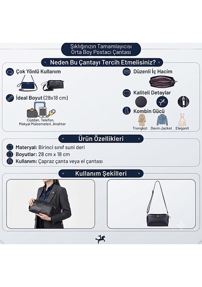 Nas Bag Nas Bags Orta Boy Çok Bölmeli Kadın Postacı Çantası - Şık El Ve Omuz Çantası siyah