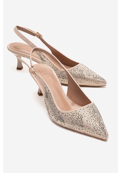 Luvishoes Nella Ten Altın Taşlı Kadın Topuklu Ayakkabı Ten