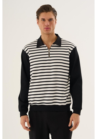 Çizgili Yarım Fermuarlı Polo Yaka Uzun Kollu Sweatshirt Siyah