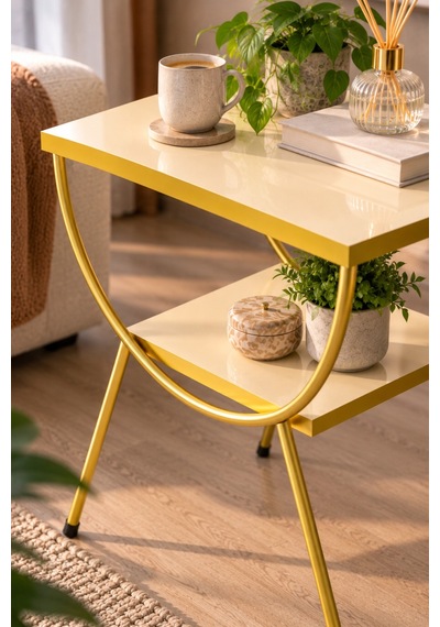 Sulorahome Gold Metal Yan Sehpa Krem Komodin Krem - Altın