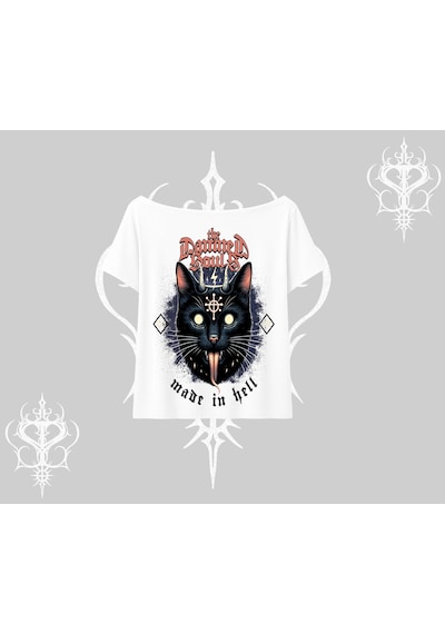 Tarzsokak Gothic Cat Made İn Hell Baskılı Sweatshirt Kayık Yaka Tshirt Beyaz